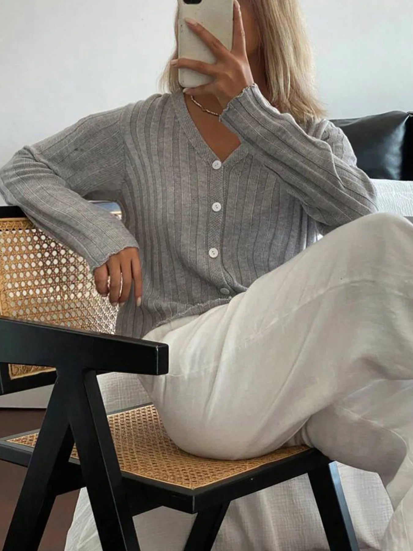 Ribbed Button-Up V-Neck Cardigan - Fashorio