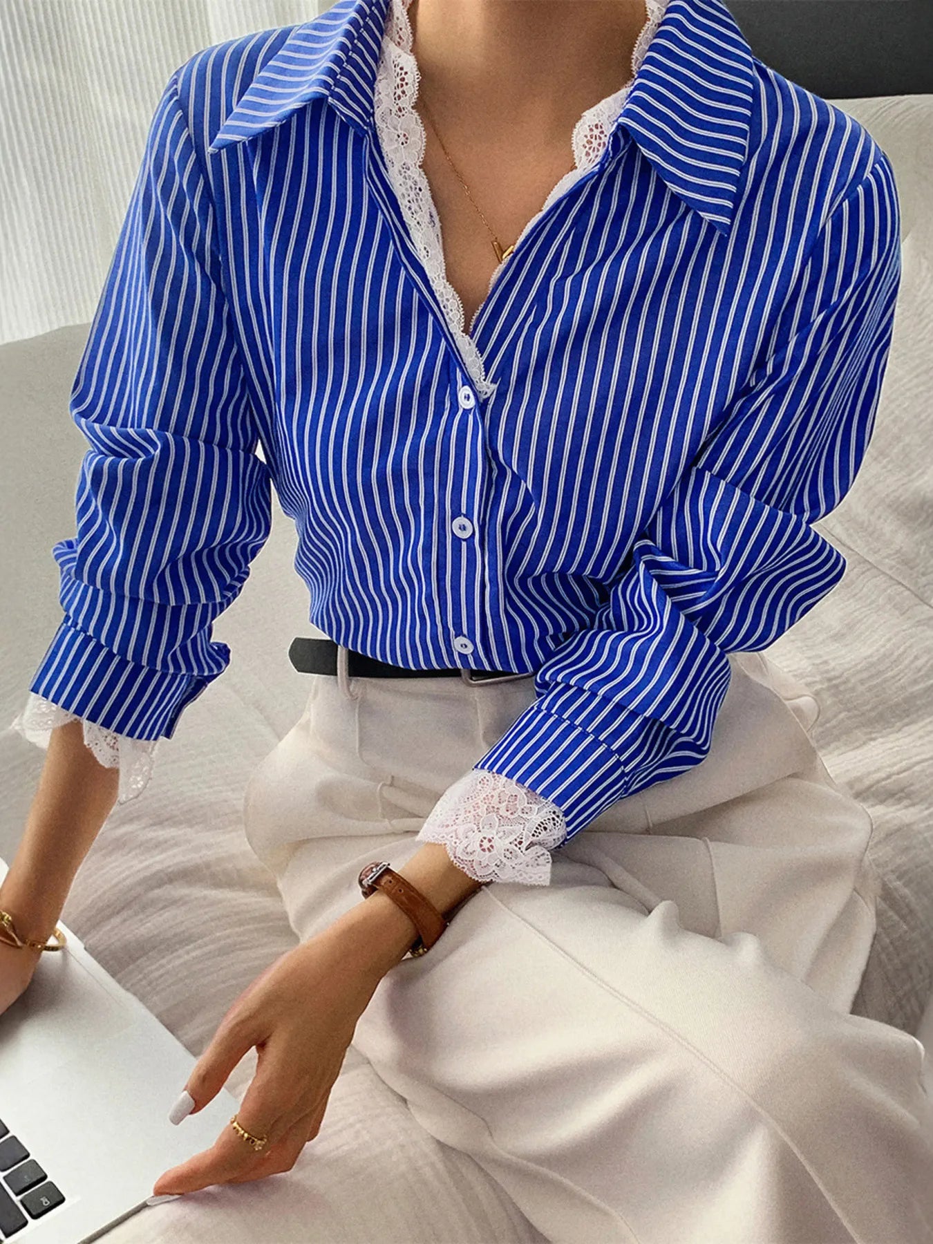 Striped Button-Down Shirt with Lace Detail - Fashorio