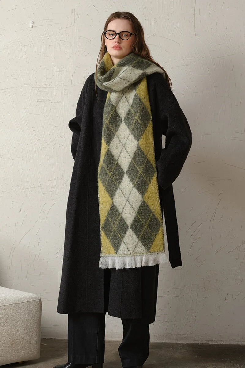 Fringe argyle scarf wrapped around the neck