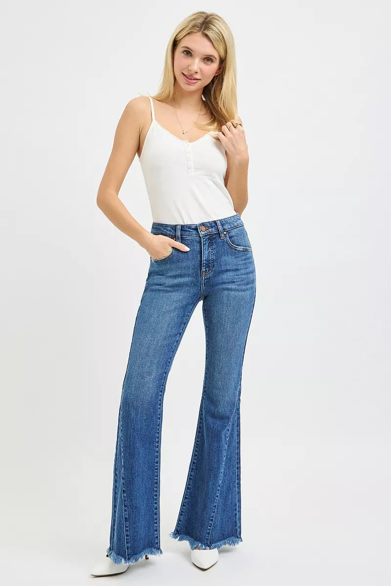 RISEN mid rise flare jeans full length styling