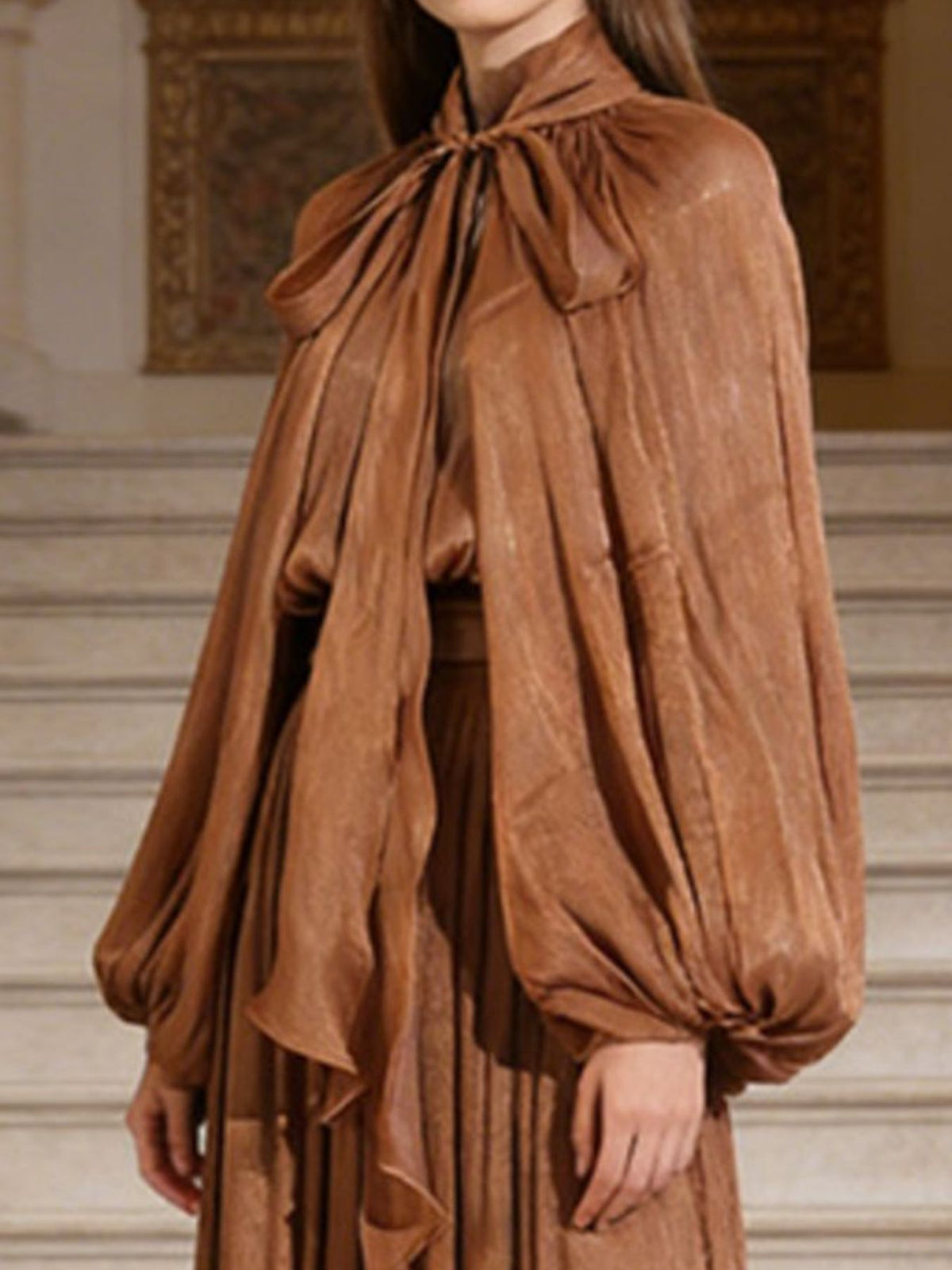 tie front balloon sleeve midi dress full length view