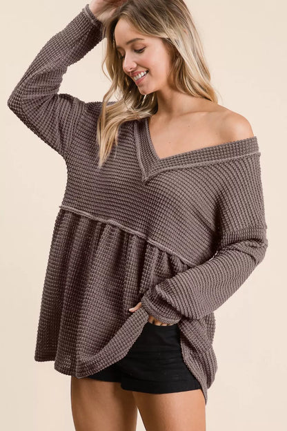 BiBi Waffle Knit V-Neck Babydoll Blouse - Fashorio