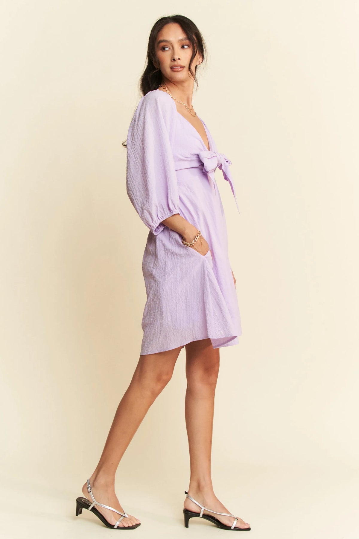 Self Tie Puff Sleeve Smocking Open Back Mini Dress view 7