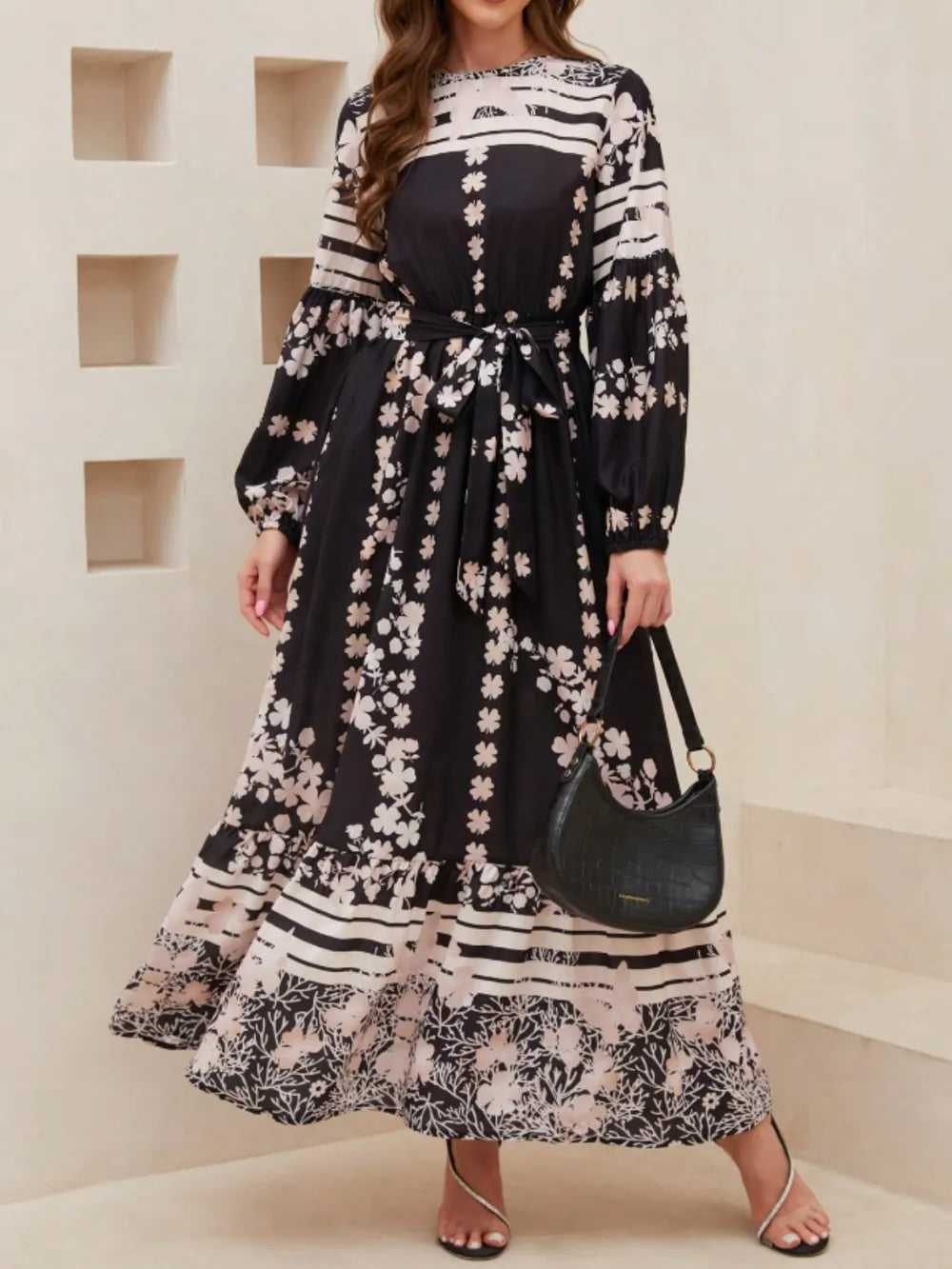 Printed Long Sleeve Maxi Dress with Pockets back view