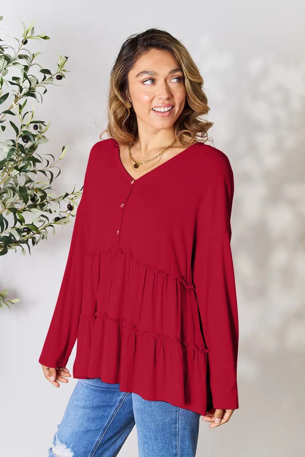 Double Take Half Button Long Sleeve Ruffle Hem Blouse Burgundy - Fashorio