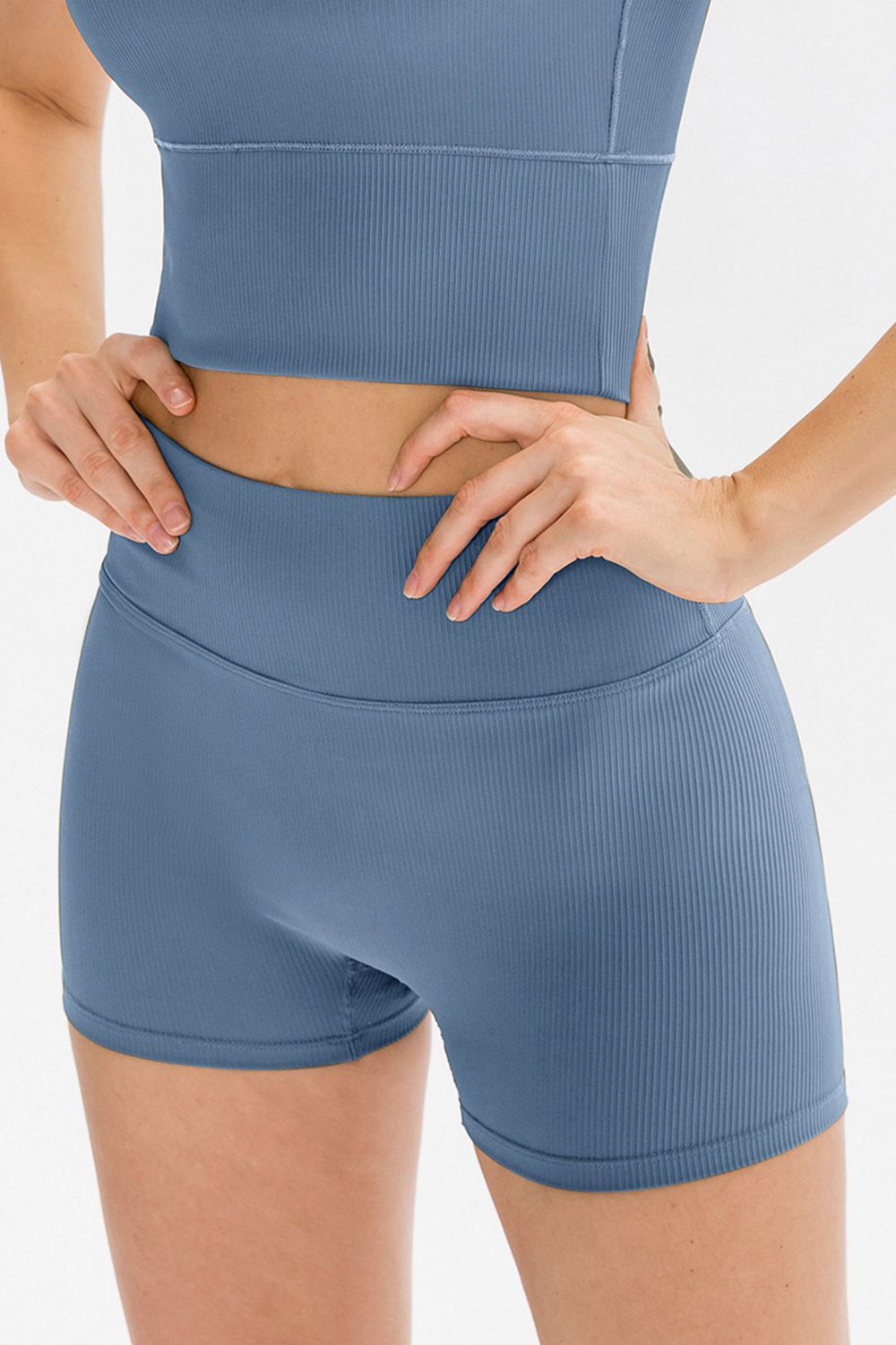 Slim fit wide waistband sports shorts side view