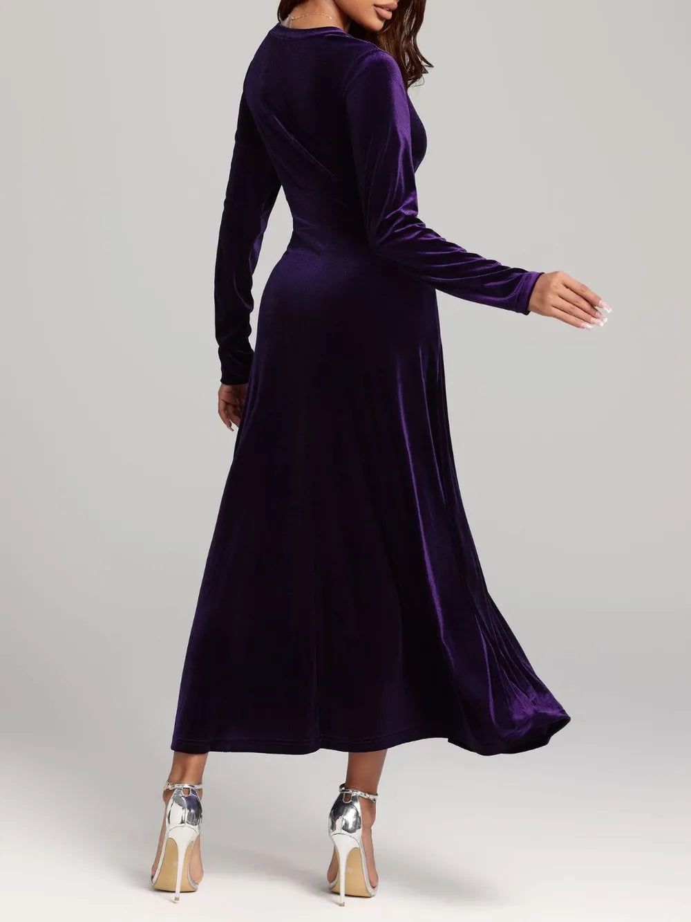 violet violet V neck long sleeve velvet dress full length view