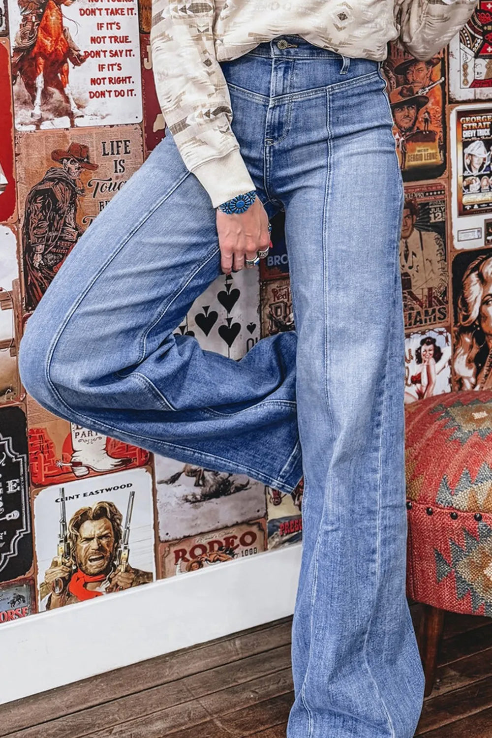 Wide leg jeans styled with a fitted top