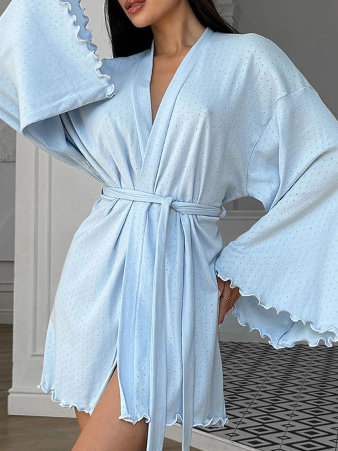 Tie Waist Kimono Sleeve Lounge Nightgown Light Blue - Fashorio