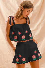 SO ME Flower Embroidered Tank Top and Shorts Set BLACK - Fashorio