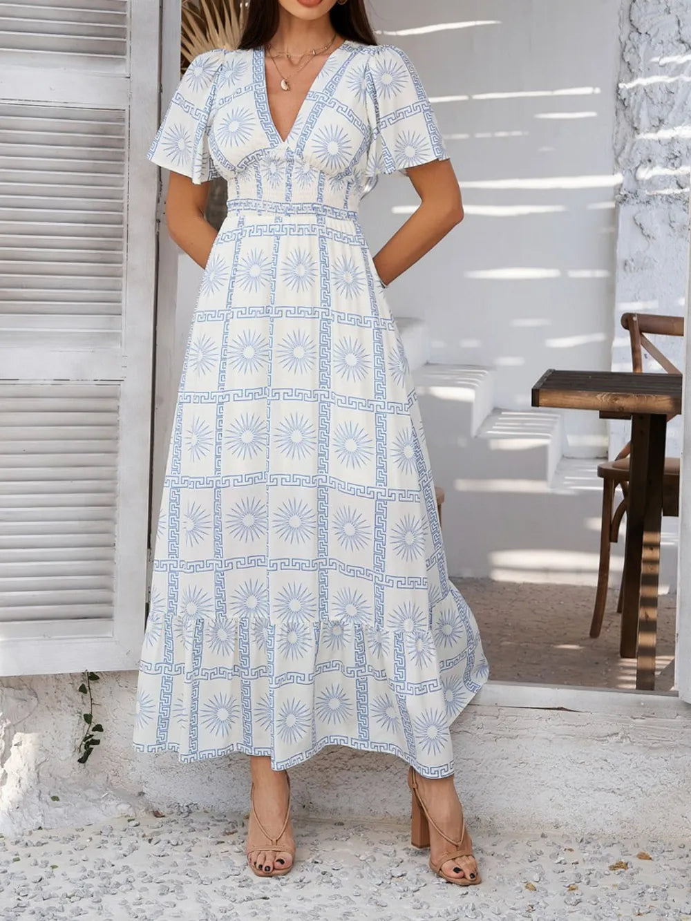 Printed V-neck maxi dress side view