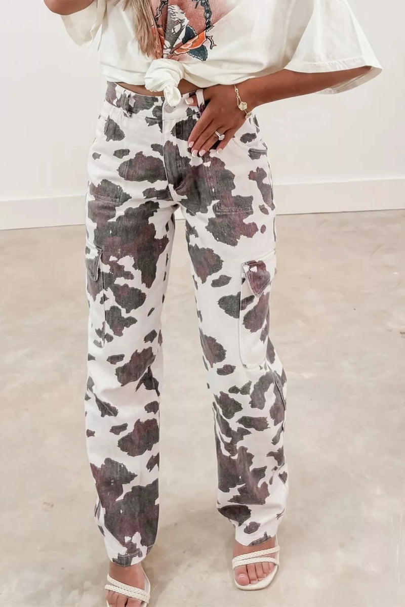 Cow spot print jeans front view in dark gray