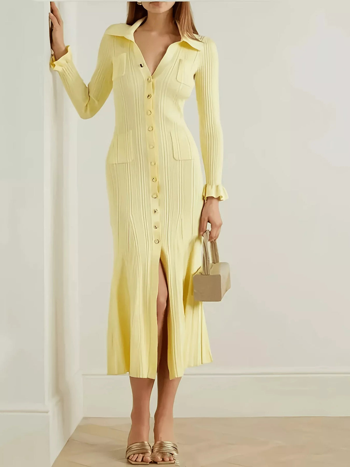Button down flounce sleeve sweater dress in pastel yellow