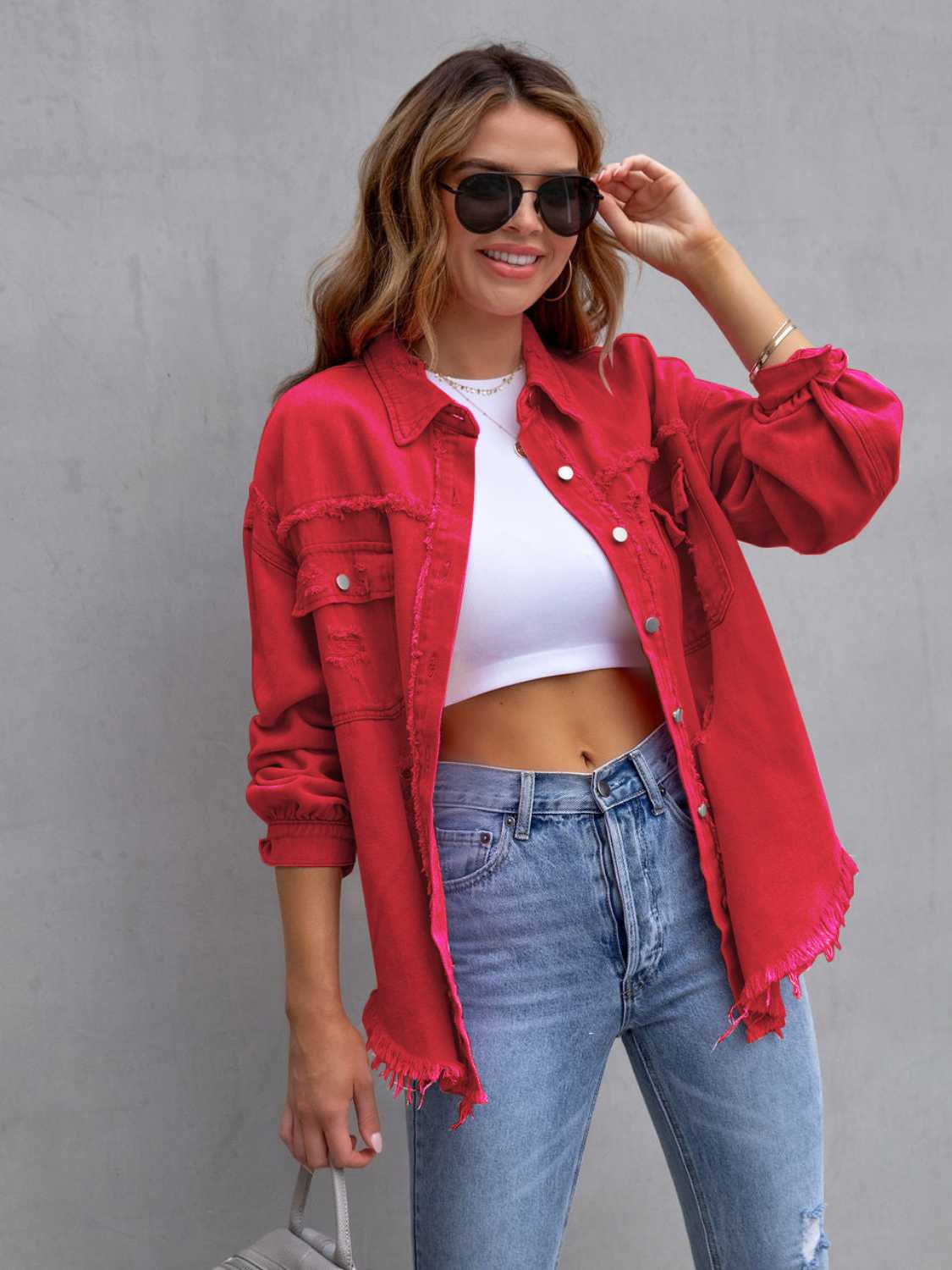 Distressed Drop Shoulder Denim Jacket Deep Red - Fashorio