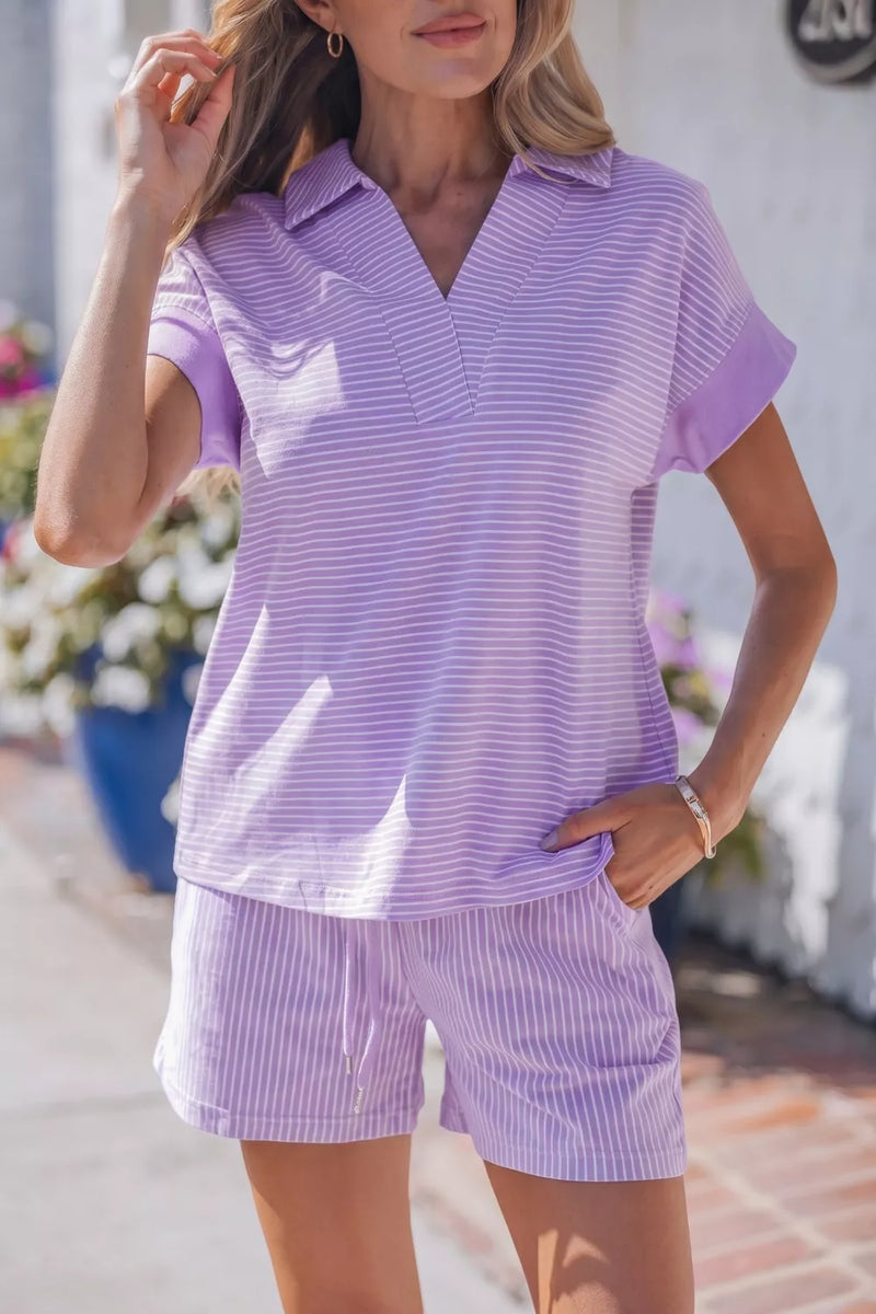 Lilac stripe dolman sleeve polo and drawstring shorts set front view