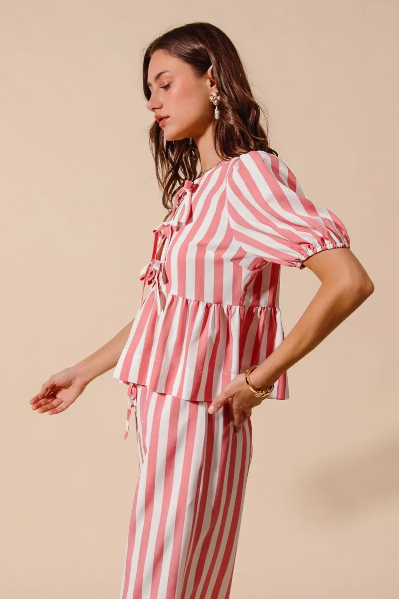 SO ME Front Tie Stripe Top With Puff Sleeves and Wide Leg Pants Set - Fashorio