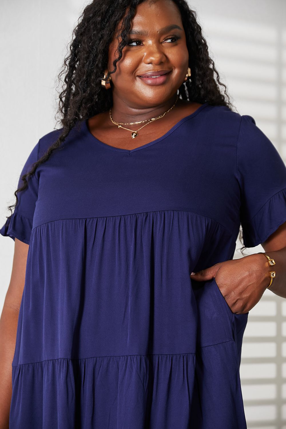 Mandy V Neck Flounce Sleeve Tiered Dress close up