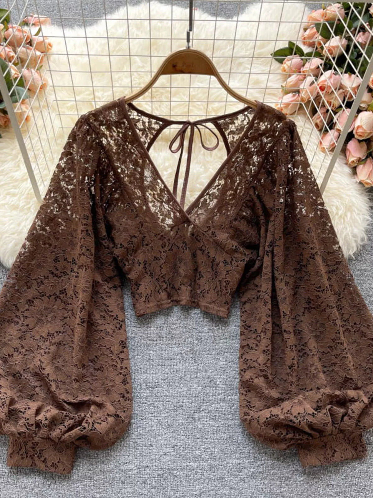 Lace tie back long sleeve top, detail view