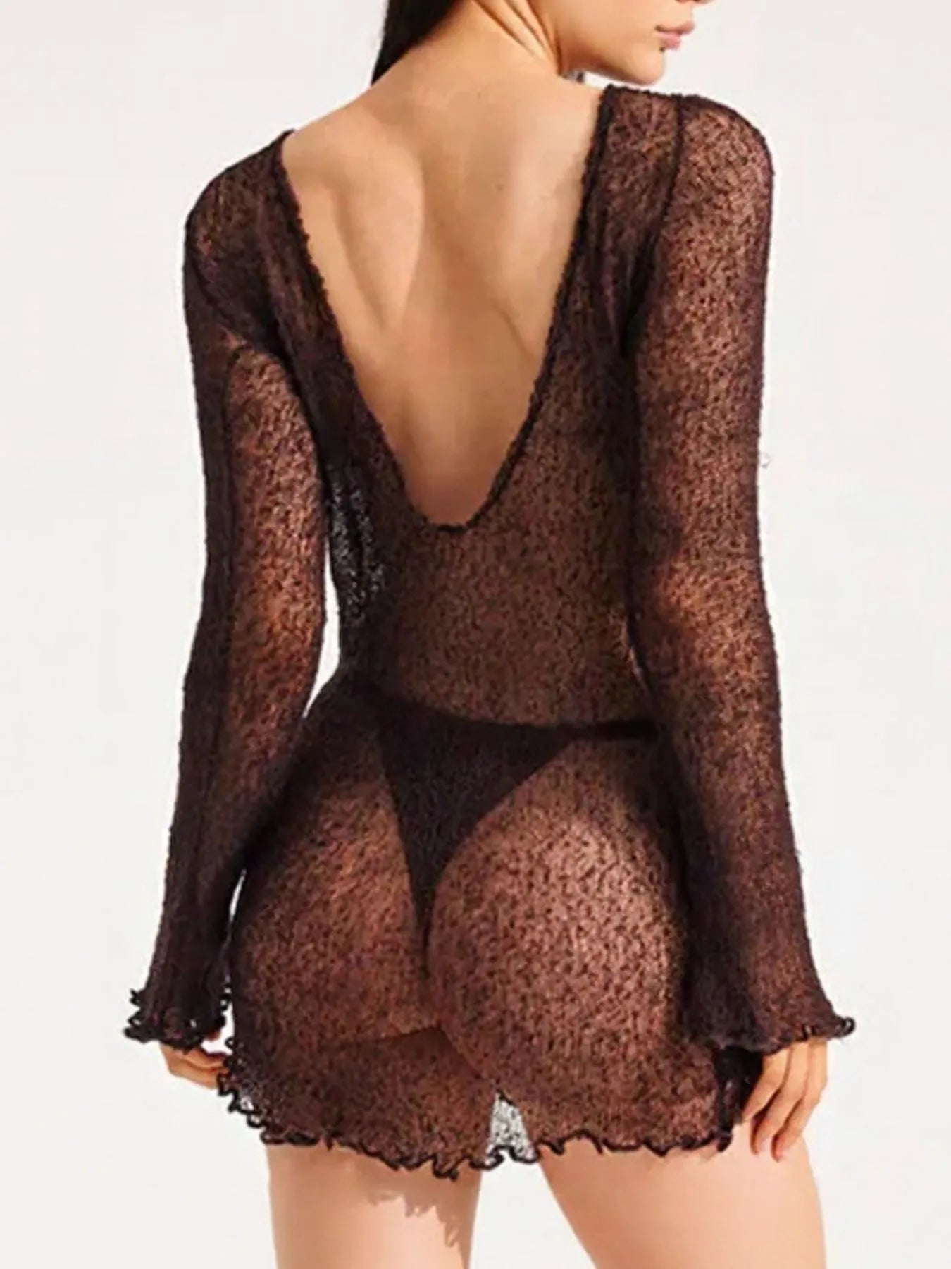 Sheer Backless Long Sleeve Mini Cover-Up Dress - Fashorio