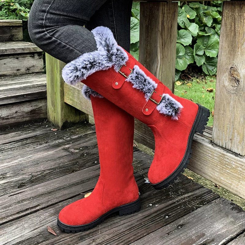 Suede round toe block heel boots front view