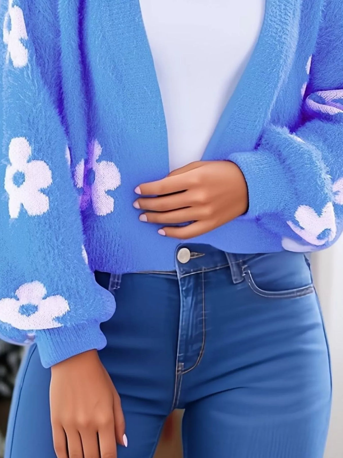 Floral open front knit cardigan side view