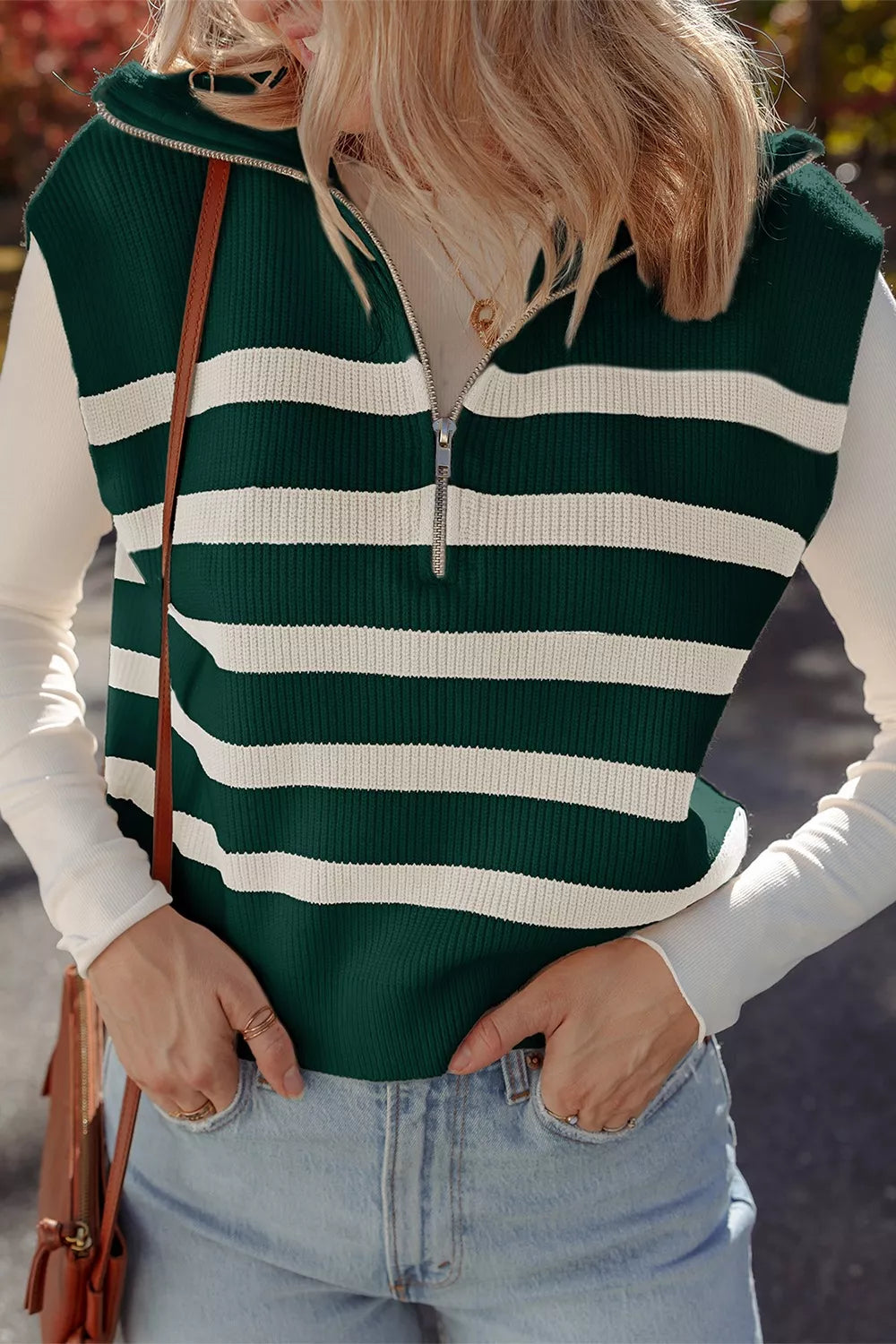 Ribbed half zip collared sweater vest, fabric detail