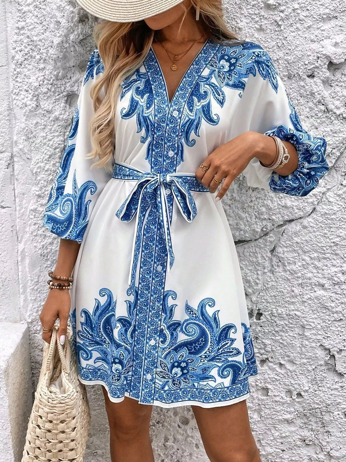 Paisley print V neck belted mini dress back view