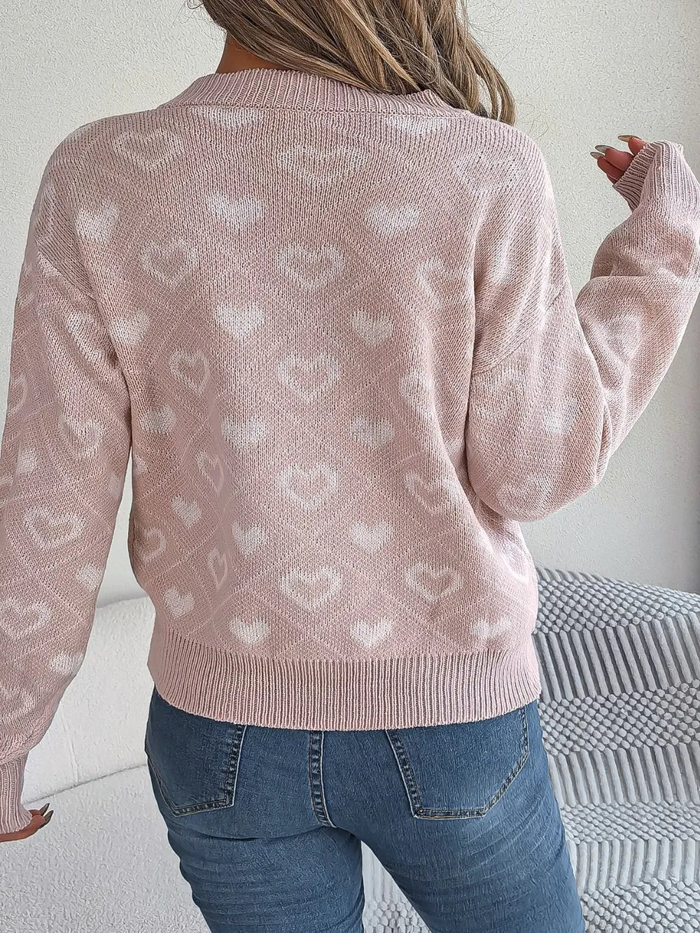 Heart Pattern V-Neck Long Sleeve Sweater - Fashorio