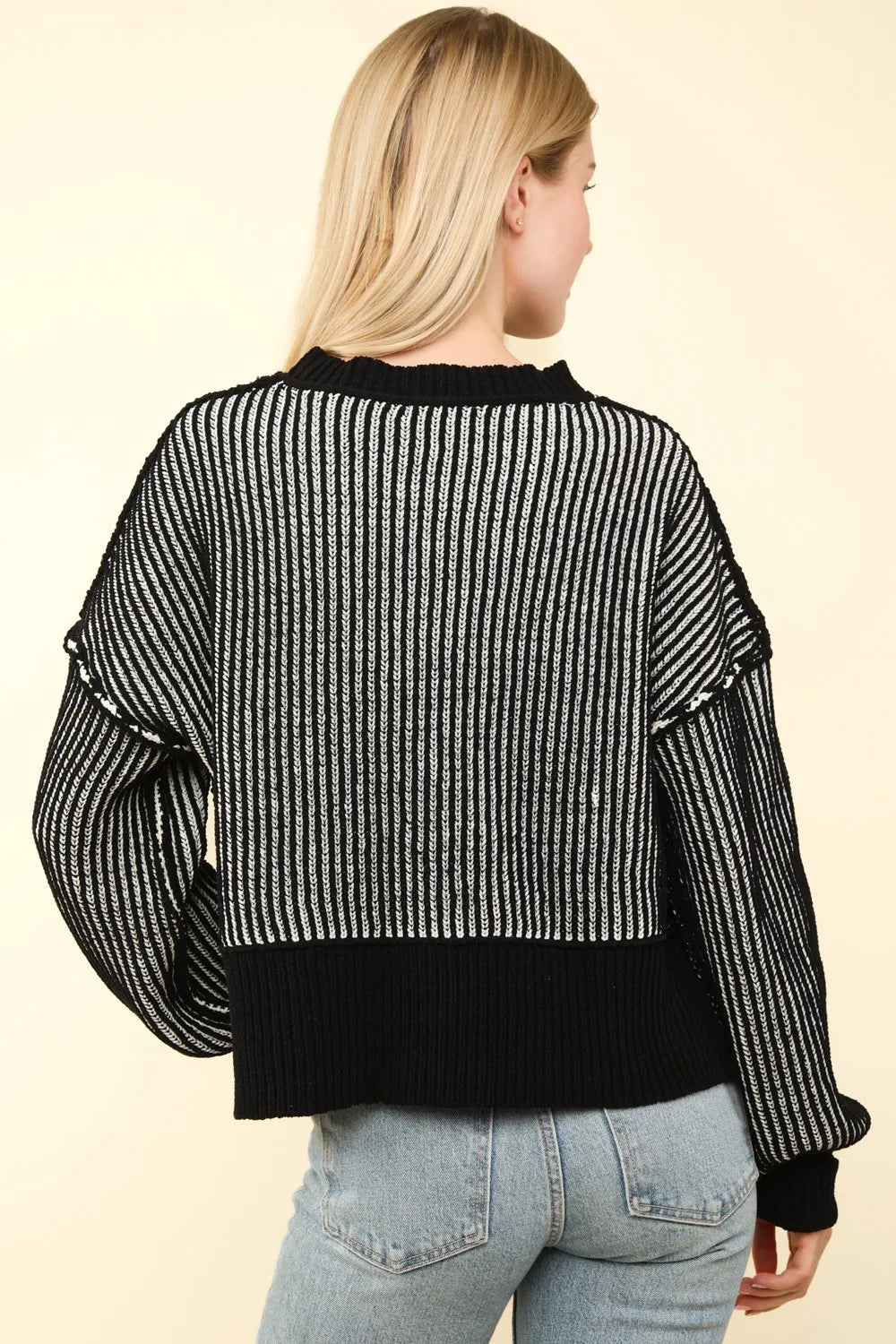 Exposed Seam Cropped Striped Sweater in Black back view