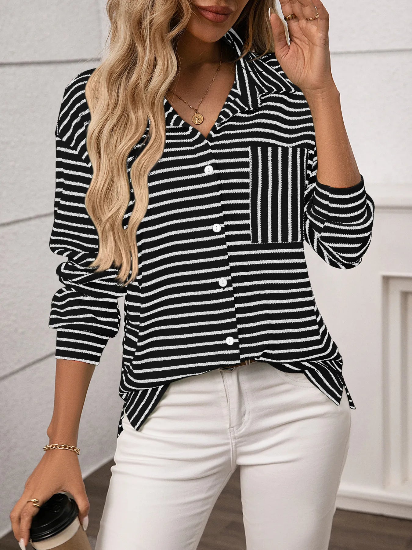 Striped Button Up Long Sleeve Shirt - Fashorio