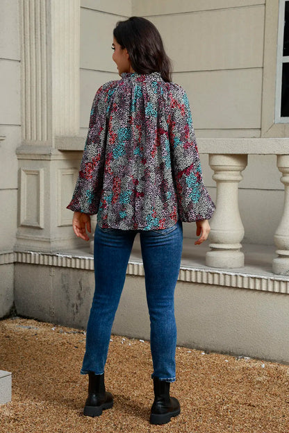 Tie Neck Heathered Balloon Sleeve Blouse - Fashorio