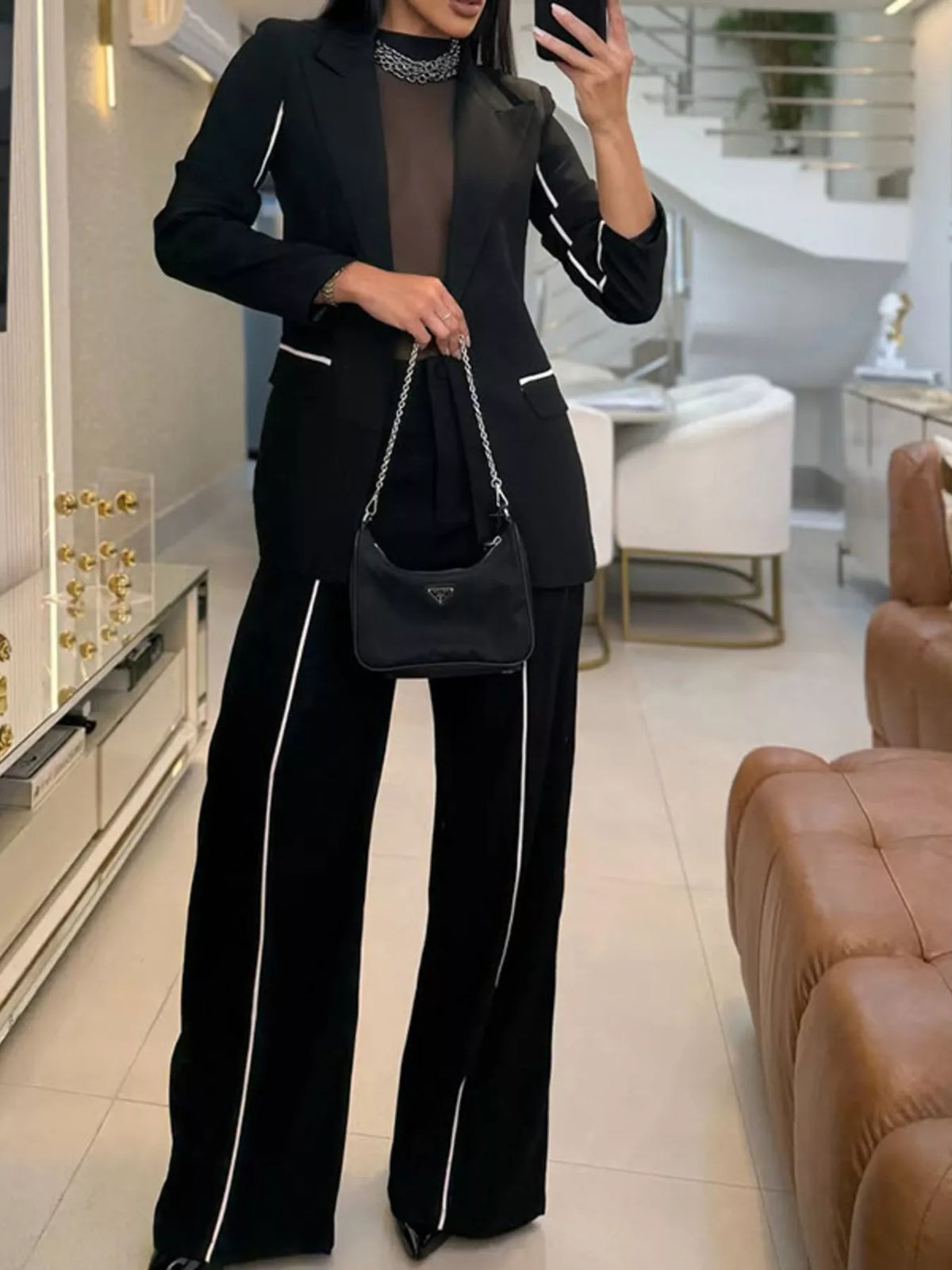 Contrast Trim Blazer and Wide Leg Pants Set, view 4
