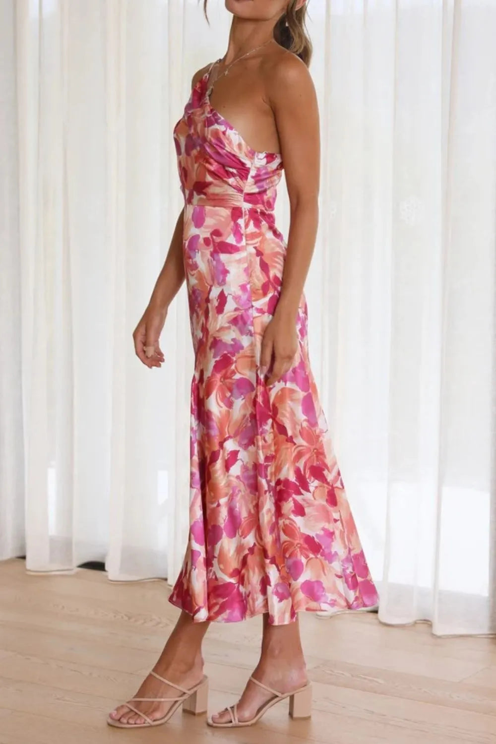 Pink Ruched One Shoulder Midi Dress, view 5
