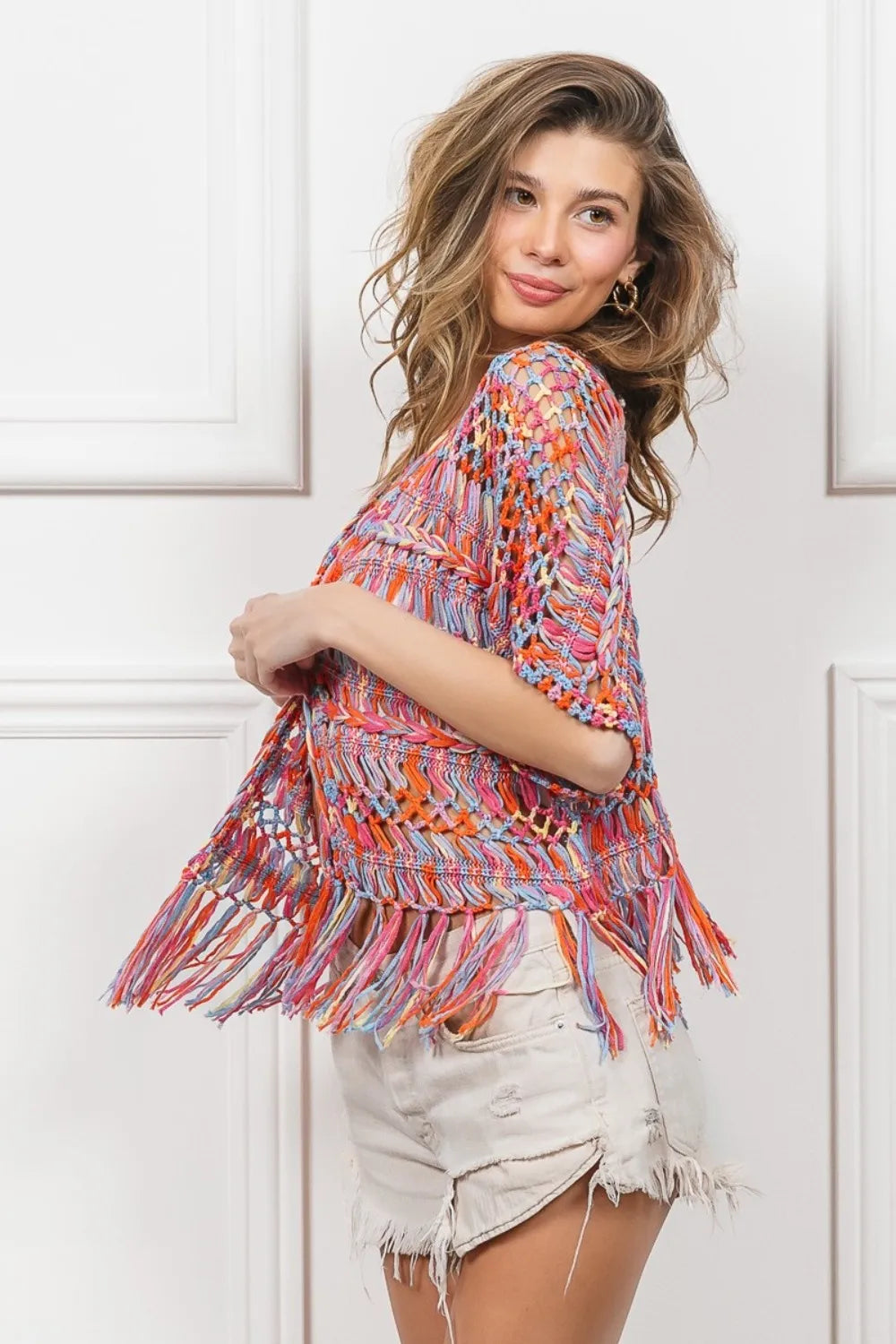 BiBi Open Front Fringed Crop Knit Cardigan - Fashorio