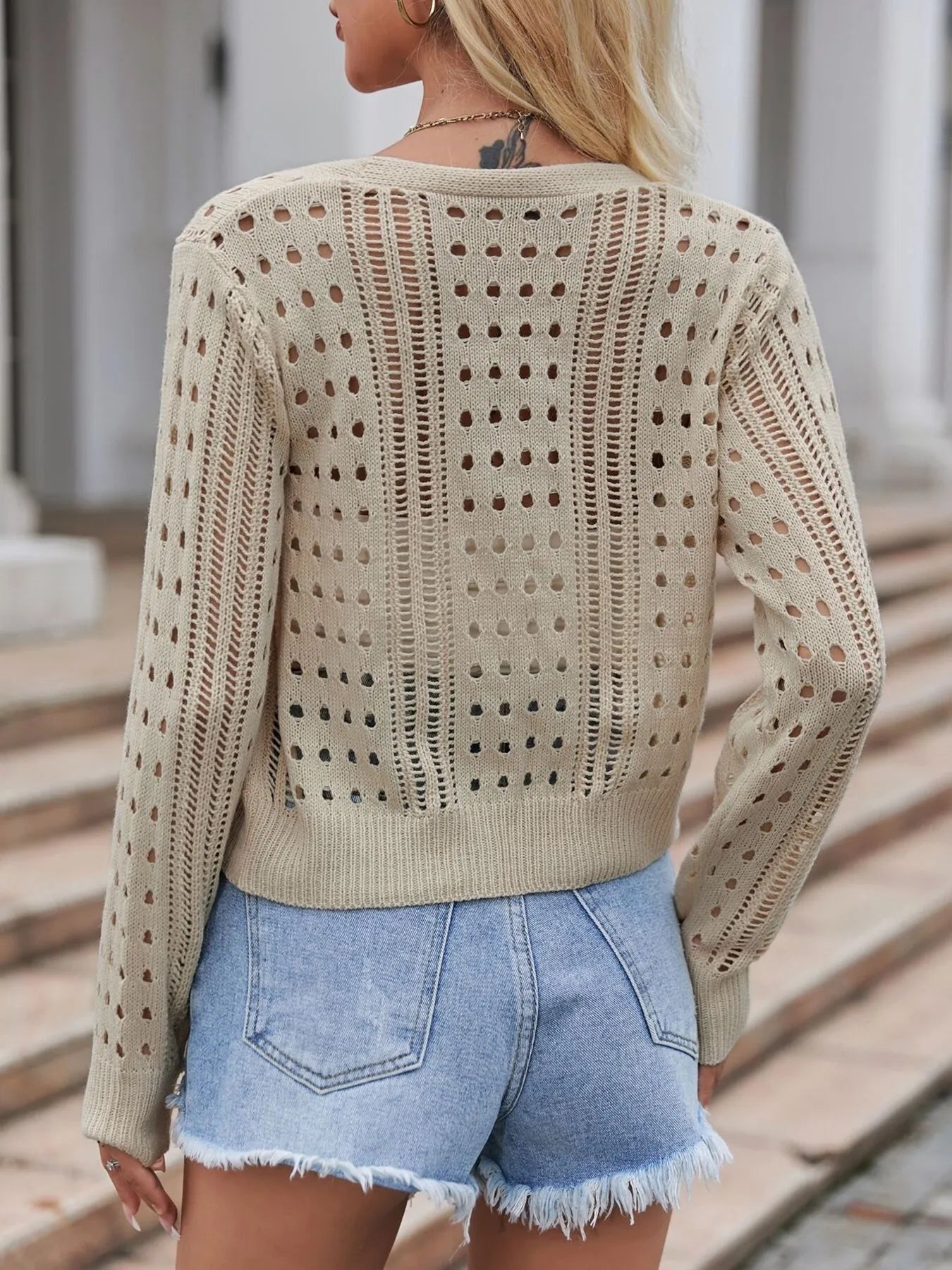 Hollow Out Knit Button-Up Cardigan - Fashorio