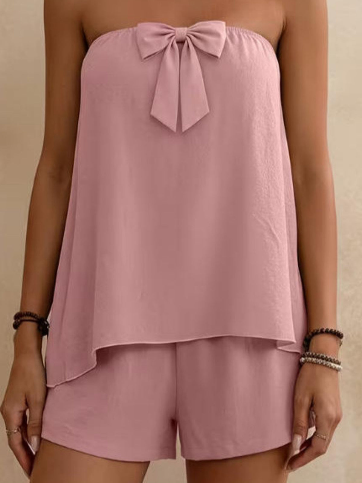 Bowknot strapless top and matching shorts two piece set