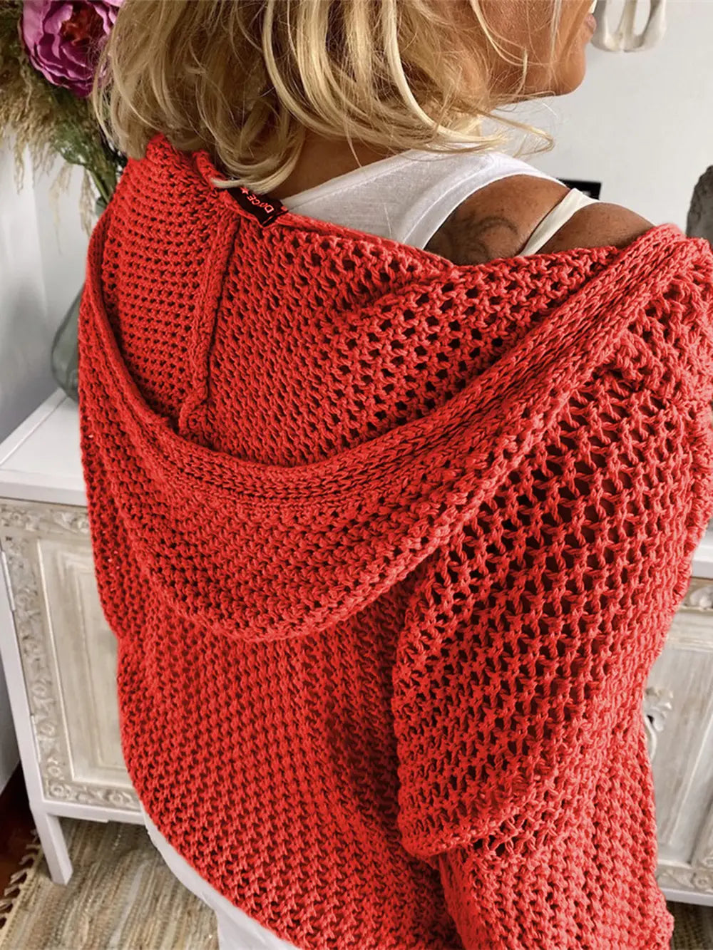 Openwork Hooded Long Sleeve Sweater - Fashorio