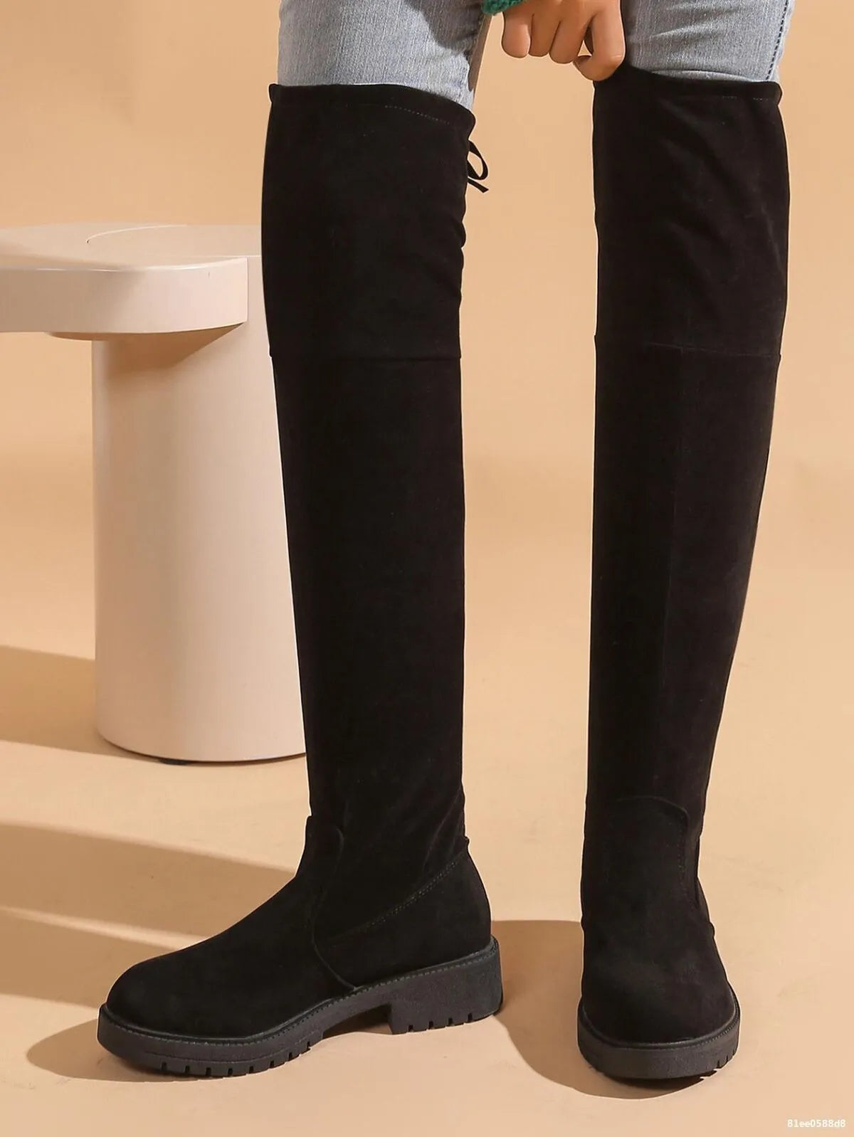 black black over the knee block heel boots upper close up