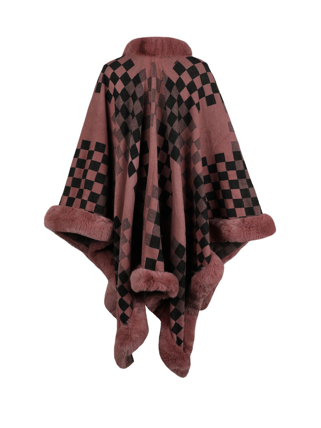 Checkered Faux Fur Trim Poncho - Fashorio
