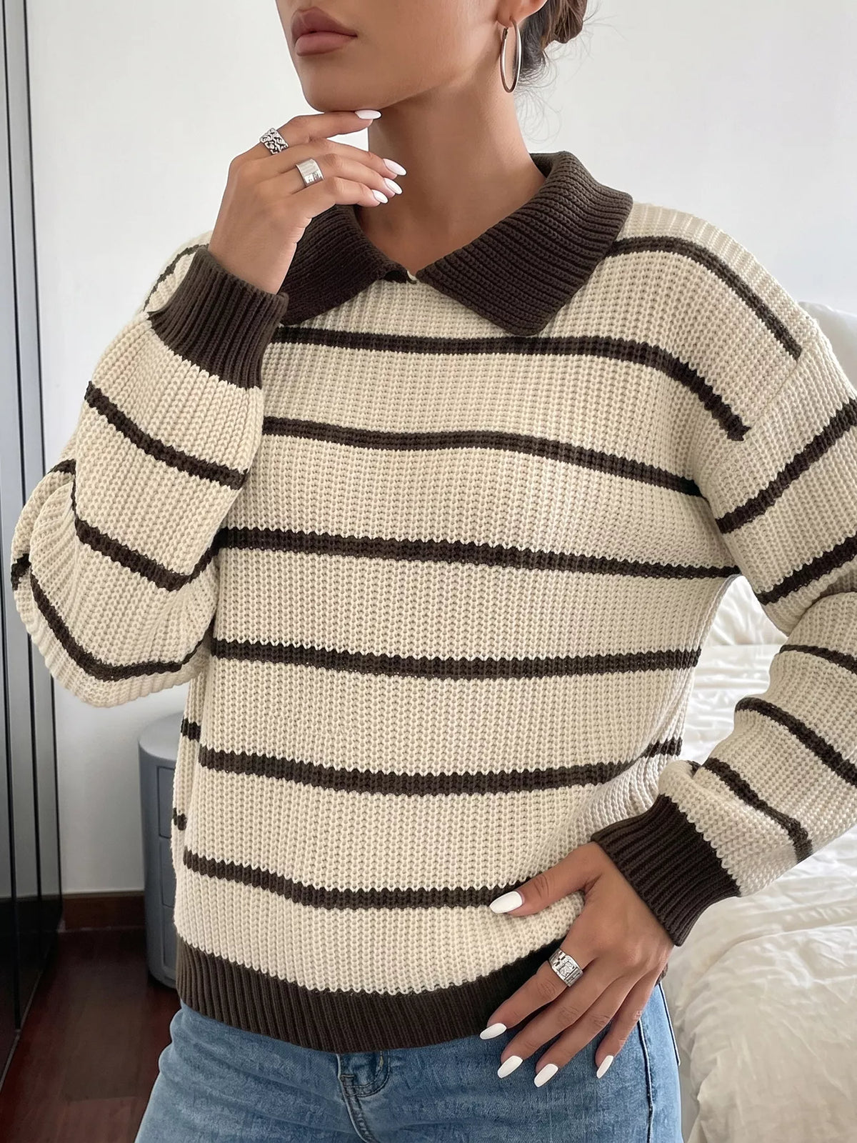 Striped Knit Polo Sweater styled look
