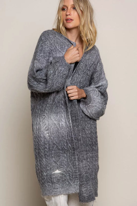 POL Distressed Cable-Knit Ombre Dying Cardigan COOKIES AND CREAM - Fashorio