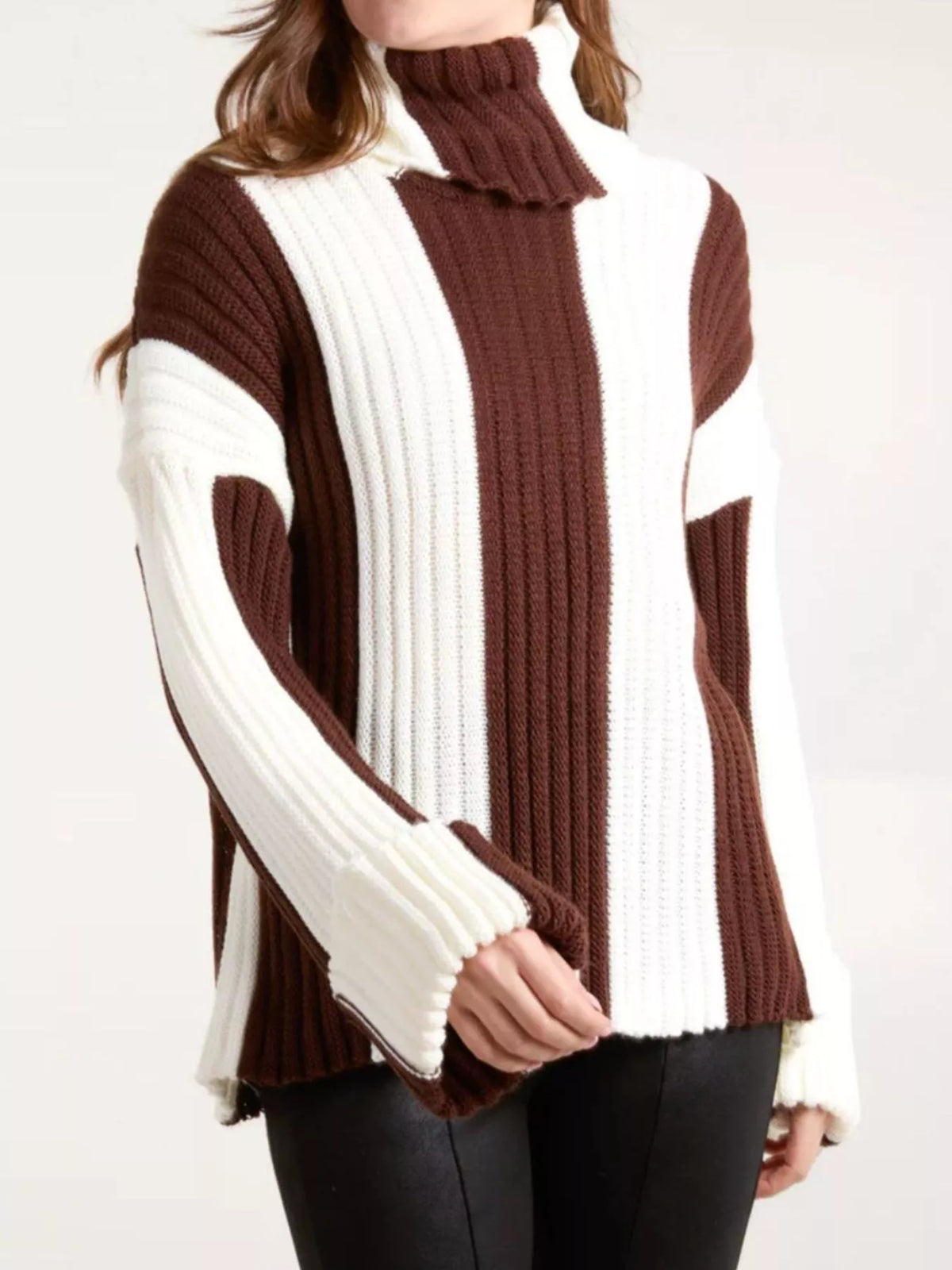 color block ribbed turtleneck sweater side view