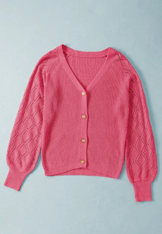 Openwork V-Neck Button Up Cardigan - Fashorio