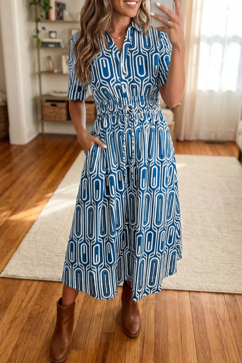 Dusty blue geometric print maxi shirt dress front view