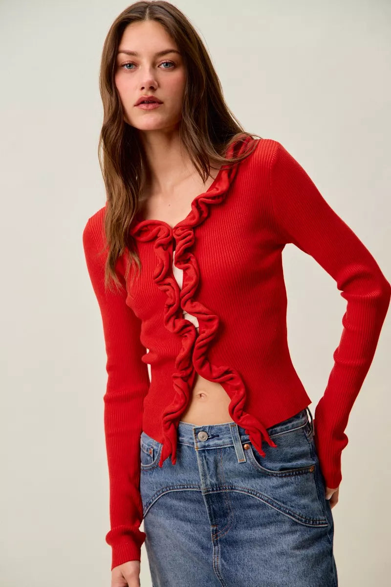 Cascade Ruffle Ribbed Knit Sweater Cardigan, view 26
