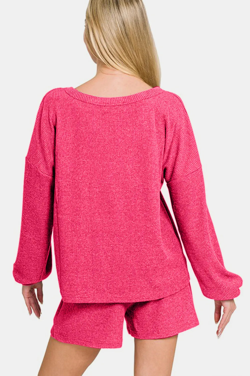 Zenana V-Neck Long Sleeve Ribbed Top and Shorts Set - Fashorio