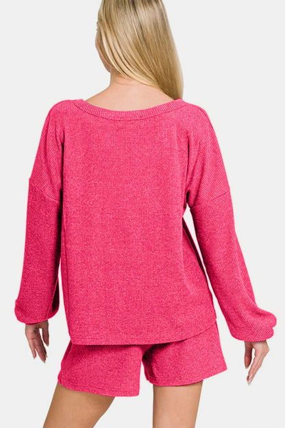 Zenana V-Neck Long Sleeve Ribbed Top and Shorts Set - Fashorio