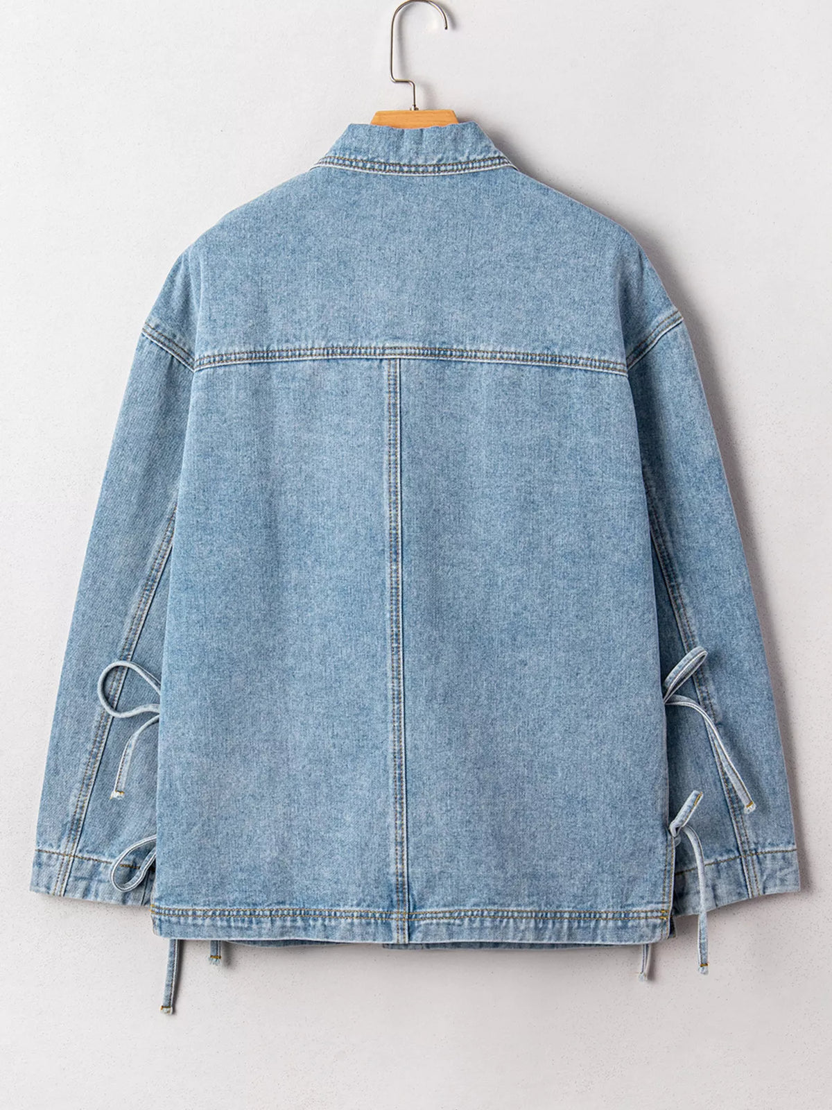 Patch Pocket Side Tie Denim Jacket in Medium Wash on model