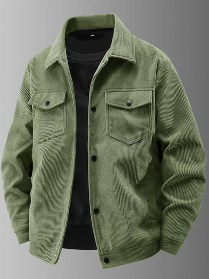 Men's Plus Size Corduroy Button-Up Jacket with Chest Pockets Military Green - Fashorio