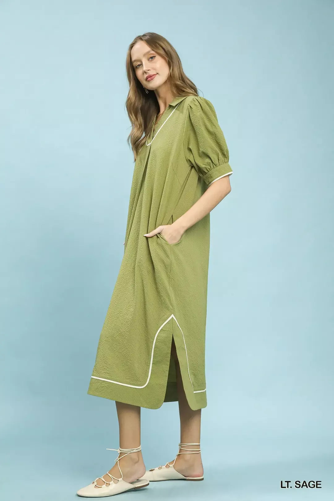 Seersucker Midi Dress with Contrast Trim back view